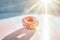 A single pink frosted donut in bright sunlight. Concept of simple indulgent pleasures