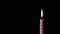 Single pink striped birthday candle on black background.