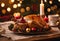 Single Plate of Roasted Turkey with Litted Candle, Generative AI Based Christmas Art