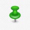 Single Realistic Green Pushpin on Transparent Background. Thumbtack with Needle. Office Stationery for Tack Paper on