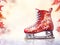 A single red ice skate for figure ice skating performance on light blurred bokeh background. Red shiny ice skates banner. Figure