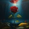 Single red rose growing under water, god rays