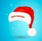 Single red Santa Claus hat with lettering Merry Christmas on mlue background. Vector illustration