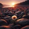 A single resilient flower grows among desolate rock formations