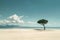 A single, resilient pine tree stands alone on a vast, unspoiled sandy beach against a tranquil sea backdrop