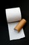 Single roll of unrolled white toilet paper and paper core tube. Isolated on black background. Close-up. Vertical shot