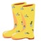 Single Rubber yellow gardening boots. Vector doodle clipart. Isolated on a white background. For design, cards, invitation,