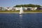 Single sail in the lake and houses in the background