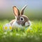 Single sedate furry Beveren rabbit sitting on green grass with easter eggs.