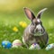 Single sedate furry Dutch rabbit sitting on green grass with easter eggs.