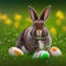 Single sedate furry Dutch rabbit sitting on green grass with easter eggs.