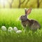 Single sedate furry Havana rabbit sitting on green grass with easter eggs.