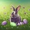 Single sedate furry Lilac rabbit sitting on green grass with easter eggs.