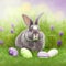 Single sedate furry Lilac rabbit sitting on green grass with easter eggs.