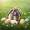Single sedate furry Mini Lop rabbit sitting on green grass with easter eggs.