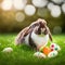 Single sedate furry Mini Lop rabbit sitting on green grass with easter eggs.