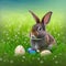 Single sedate furry Mini Rex rabbit sitting on green grass with easter eggs.