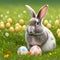 Single sedate furry Mini Rex rabbit sitting on green grass with easter eggs.