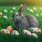 Single sedate furry Silver rabbit sitting on green grass with easter eggs.