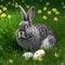 Single sedate furry Silver rabbit sitting on green grass with easter eggs.