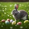 Single sedate furry Silver rabbit sitting on green grass with easter eggs.