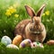 Single sedate furry Tan rabbit sitting on green grass with easter eggs.