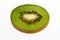 Single slice of fresh green fruit of kiwi isolated on white background
