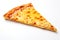 A single slice of hot cheese pizza with a crispy golden crust, isolated on a white background