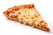 A single slice of hot cheese pizza with a crispy golden crust, isolated on a white background