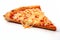 A single slice of hot cheese pizza with a crispy golden crust, isolated on a white background