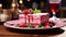 A single slice of Rasberry mousse cake in a red plate on table