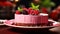 A single slice of Rasberry mousse cake in a red plate on table