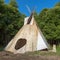 A single, solitary teepee in a forest.