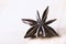 Single star anise on old wooden background close-up with copyspace