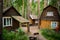 Single-storey wooden houses for holiday in a pine forest