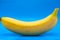 Single sweet banana against light blue background