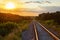 A single-track railway in the middle of the forest. Sunset, back