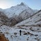 Single traveler in Himalayan mountains. NAnnapurna Base Camp track. Morning Mountain Landscape.