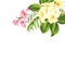 Single tropical flower bouquet at the top corner of image over white background. Blossom flowers for invitation card.