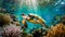 Single turtle glides effortlessly through a beautiful turquoise blue sea, above an underwater landscape