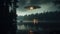 A single UFO hovering through trees over a lake