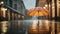 Single umbrella standing on empty street at dusk. Minimal abstract weather and season concept.