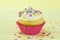 Single vanilla sponge birthday cupcake frosted