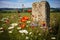 a single, weathered gravestone in a field of wildflowers