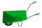 Single-wheeled wheelbarrow with green body and handles, vector illustration