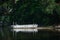 Single white rowboat at wooden dock in lake