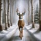 Single White-tail Deer Buck Wilderness Wintertime Birch Trees Snowy Pathway Forest Canada AI Generated