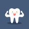 Single white and very strong muscle healthy tooth. Strong happy healthy white tooth character. Vector flat cartoon
