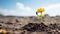 A single yellow flower growing out of a dirt mound, AI