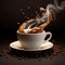 A singleorigin coffee cup on a saucer with smoke, surrounded by coffee beans , generated by AI